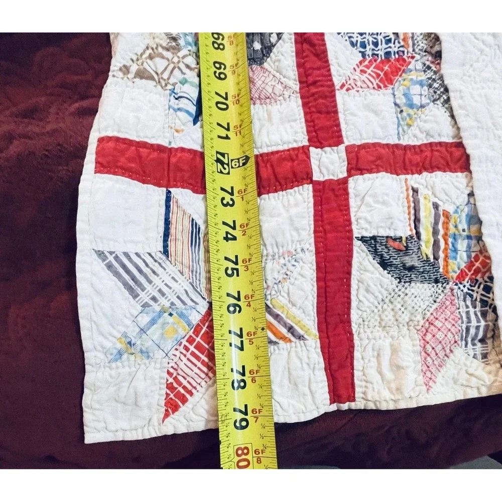 READ Vintage Handmade Star‎ Patchwork Quilt 59x79 Red White Multicolor Cotton